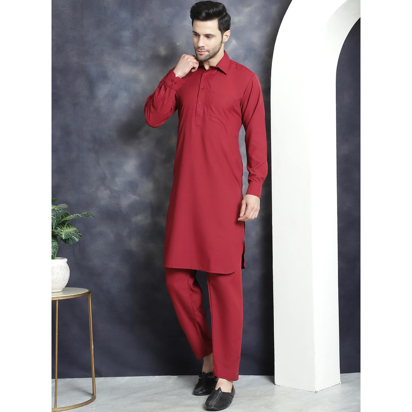 Jompers Men's Maroon Solid Pathani Kurta With Salwar (Maroon, Xxl)
