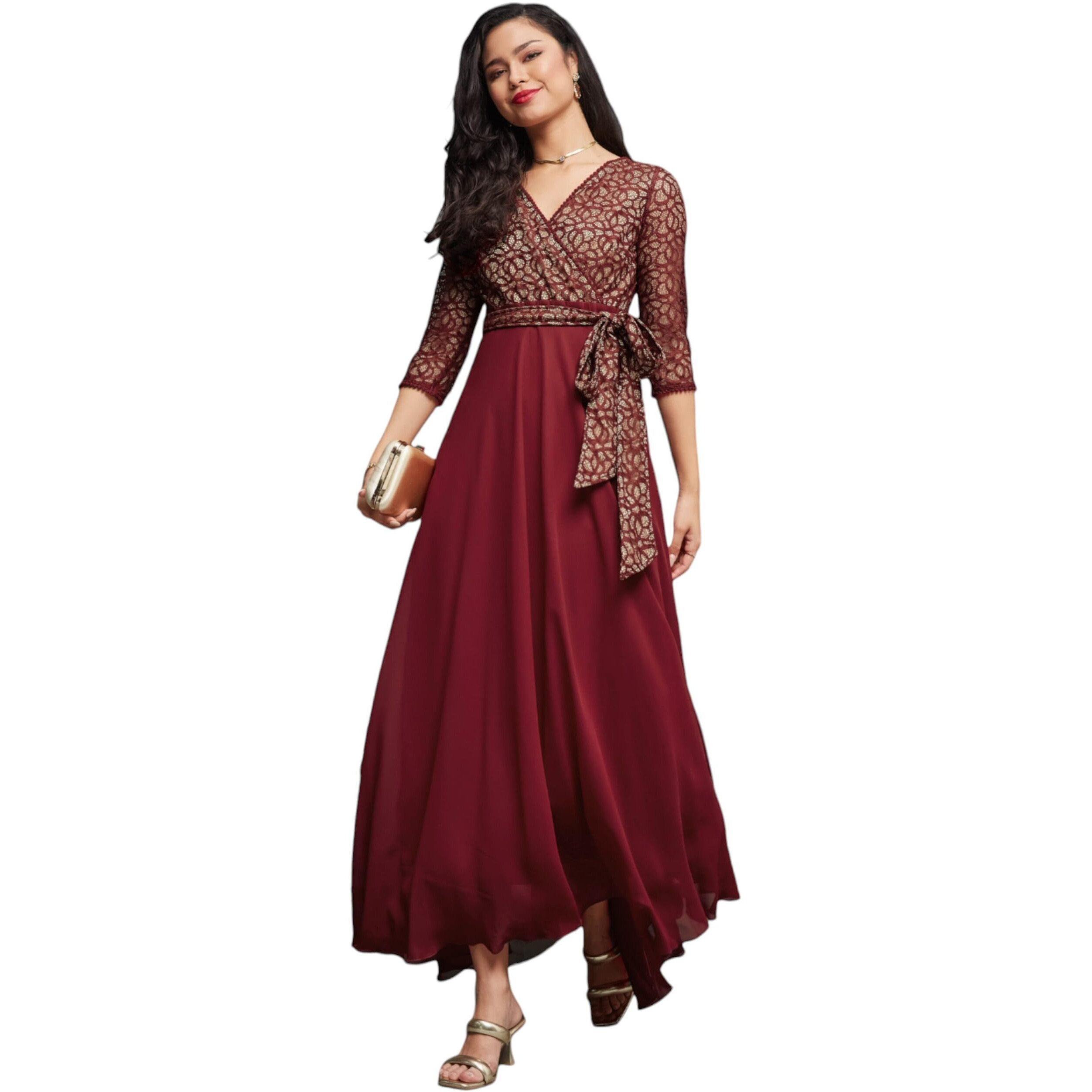 Miss Chase Women's Floral Printed Relaxed Fit V-Neck 3/4Th Sleeve Maxi Dress (Mcss25D93-28-143-07, Maroon, 2Xl)