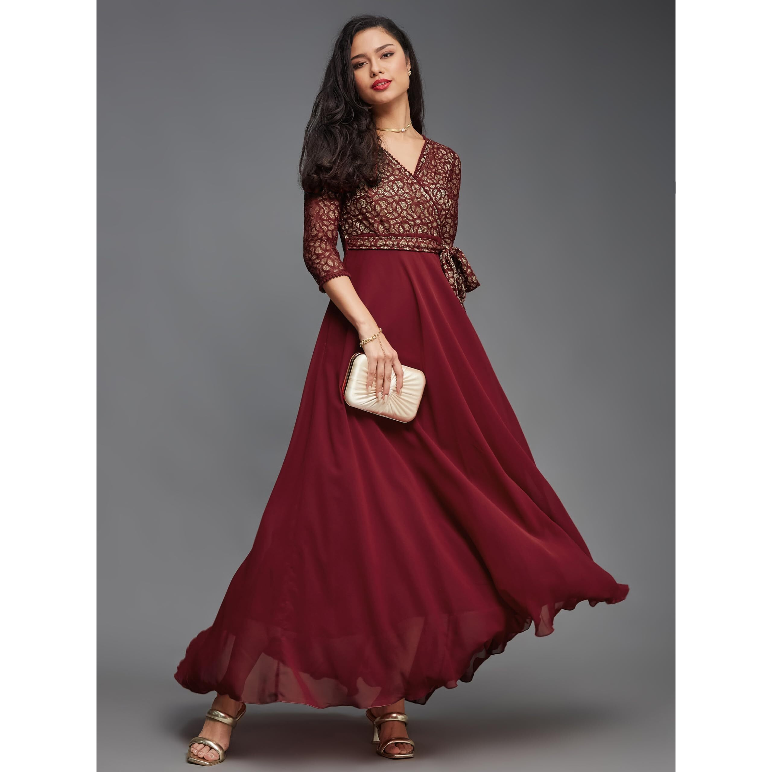 Miss Chase Women's Floral Printed Relaxed Fit V-Neck 3/4Th Sleeve Maxi Dress (Mcss25D93-28-143-07, Maroon, 2Xl)