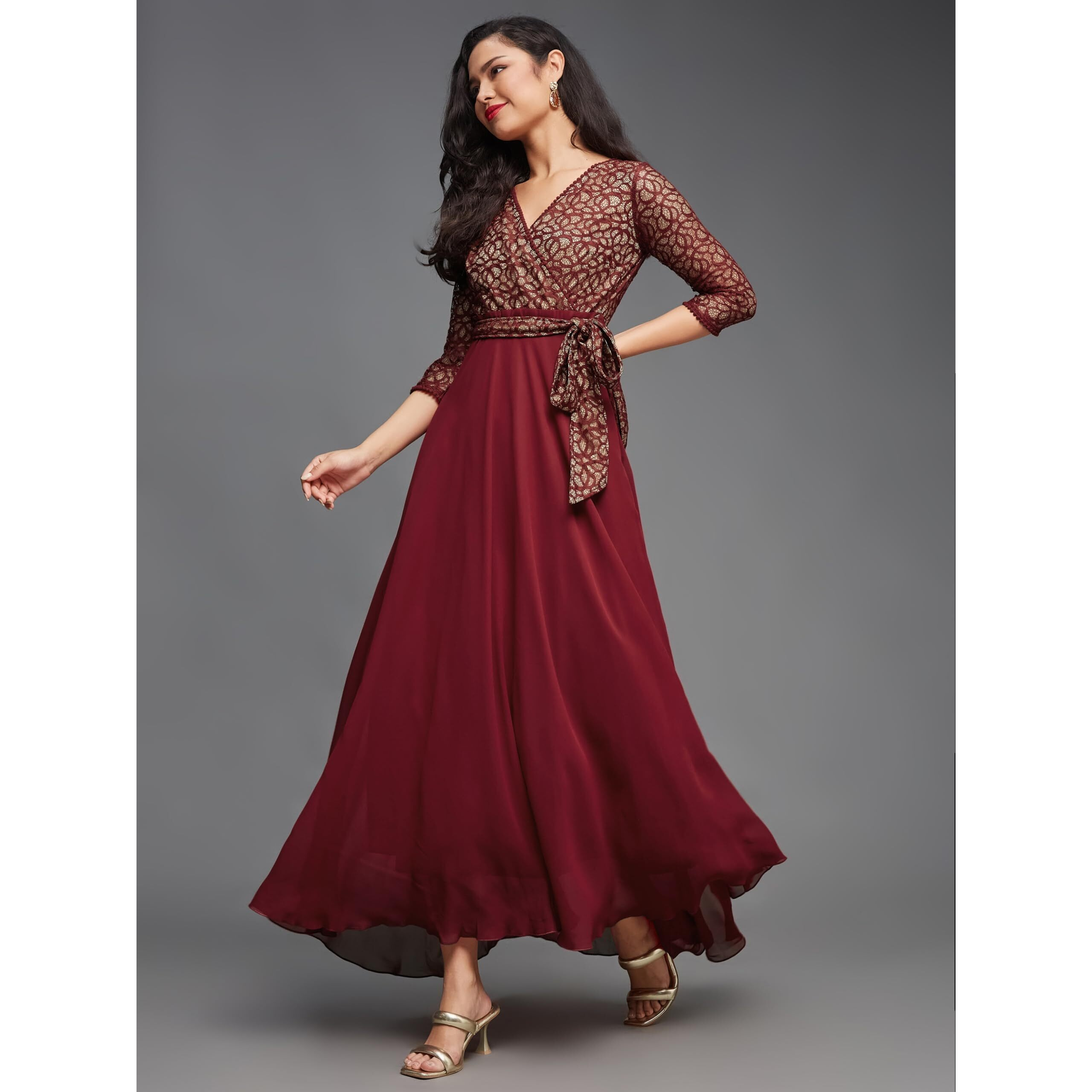 Miss Chase Women's Floral Printed Relaxed Fit V-Neck 3/4Th Sleeve Maxi Dress (Mcss25D93-28-143-07, Maroon, 2Xl)