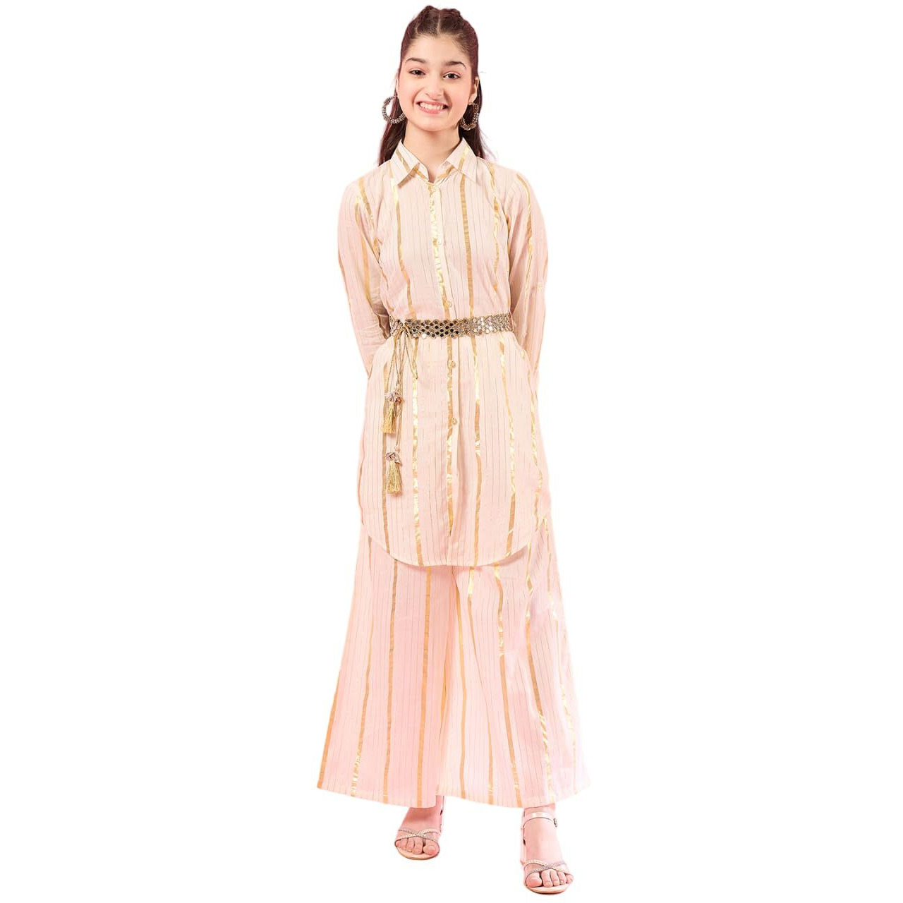 Pspeaches Girl's Cotton Regular 1 Kurta, 1 Palazzo, 1 Belt (Iw-Goldenlurex-10-12Y_Off-White