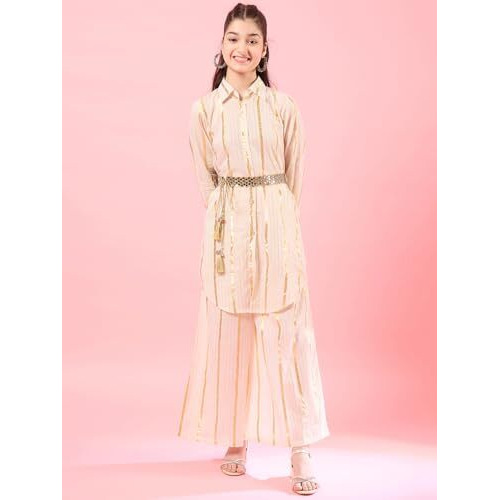 Pspeaches Girl's Cotton Regular 1 Kurta, 1 Palazzo, 1 Belt (Iw-Goldenlurex-10-12Y_Off-White