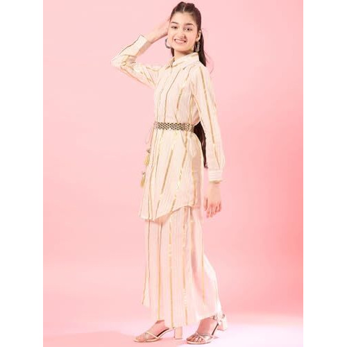 Pspeaches Girl's Cotton Regular 1 Kurta, 1 Palazzo, 1 Belt (Iw-Goldenlurex-10-12Y_Off-White