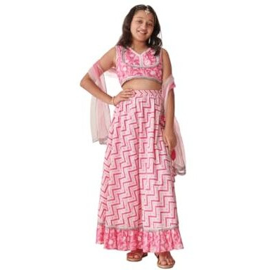 Pspeaches Girl's Cotton 1 Lehenga, 1 Choli, 1 Dupatta (L-Pinkzigzag-13- Pink_13-14Y)