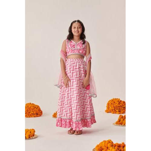 Pspeaches Girl's Cotton 1 Lehenga, 1 Choli, 1 Dupatta (L-Pinkzigzag-13- Pink_13-14Y)