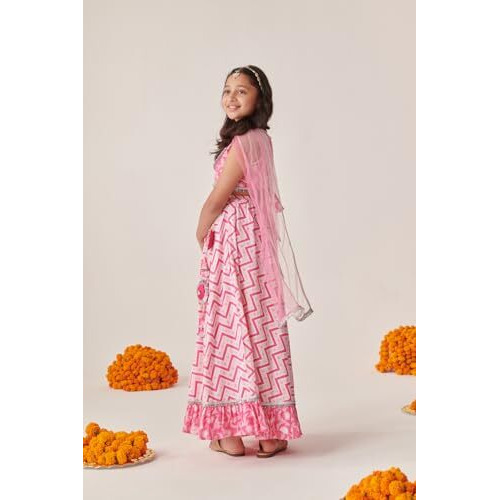 Pspeaches Girl's Cotton 1 Lehenga, 1 Choli, 1 Dupatta (L-Pinkzigzag-13- Pink_13-14Y)