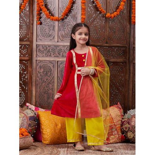 Pspeaches Girl's Silk Blend Kurta Set (Ks-Magentavelvet-10_Magenta