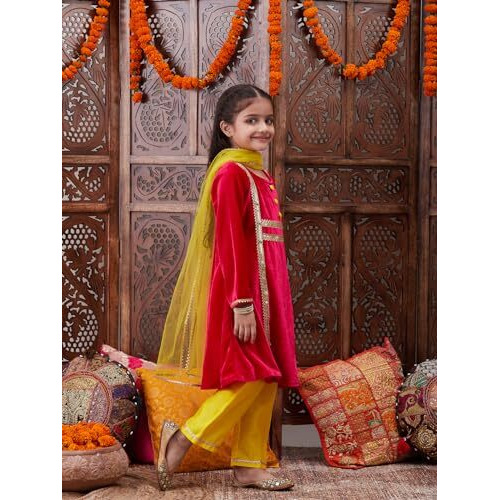 Pspeaches Girl's Silk Blend Kurta Set (Ks-Magentavelvet-10_Magenta