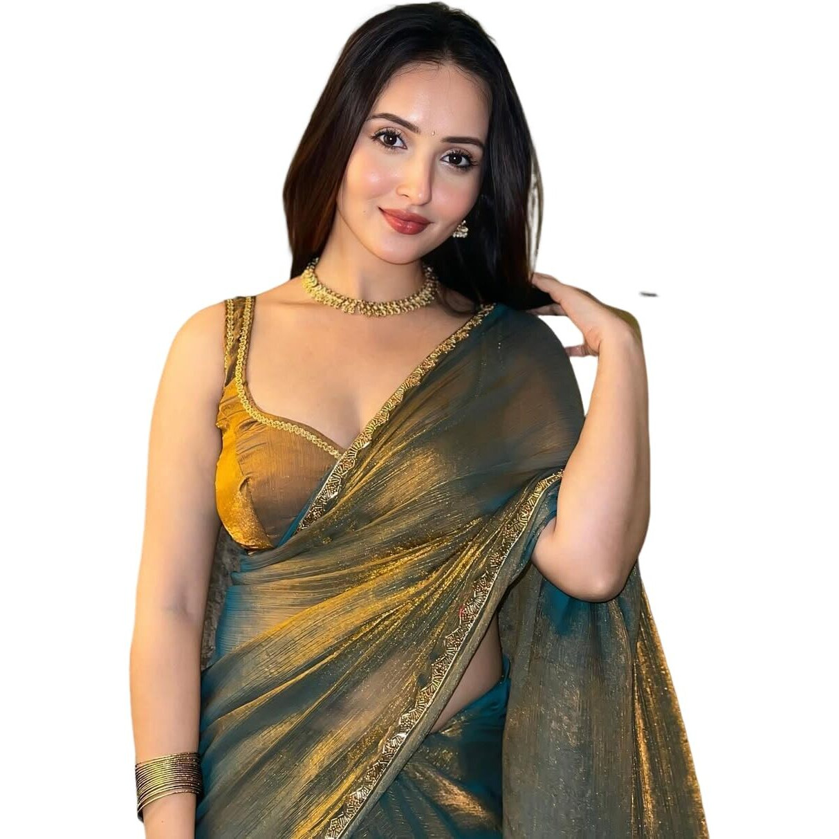 Satrani Women's Shimmer Chiffon Top Dyed Dual Tone Saree With Unstitched Blouse Piece (4230S6641N_Golden)