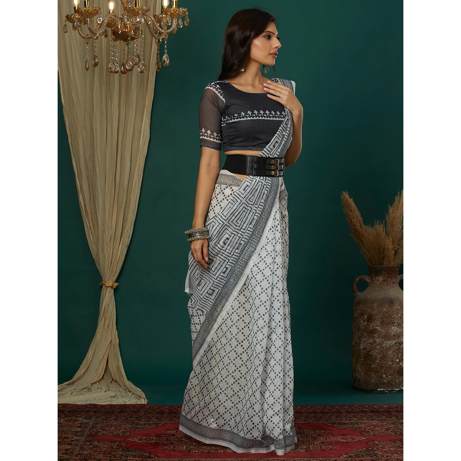 Satrani Women's Cotton Blend Printed Saree With Unstitched Blouse Piece (4112S6503N_White & Dark Dusty Green)