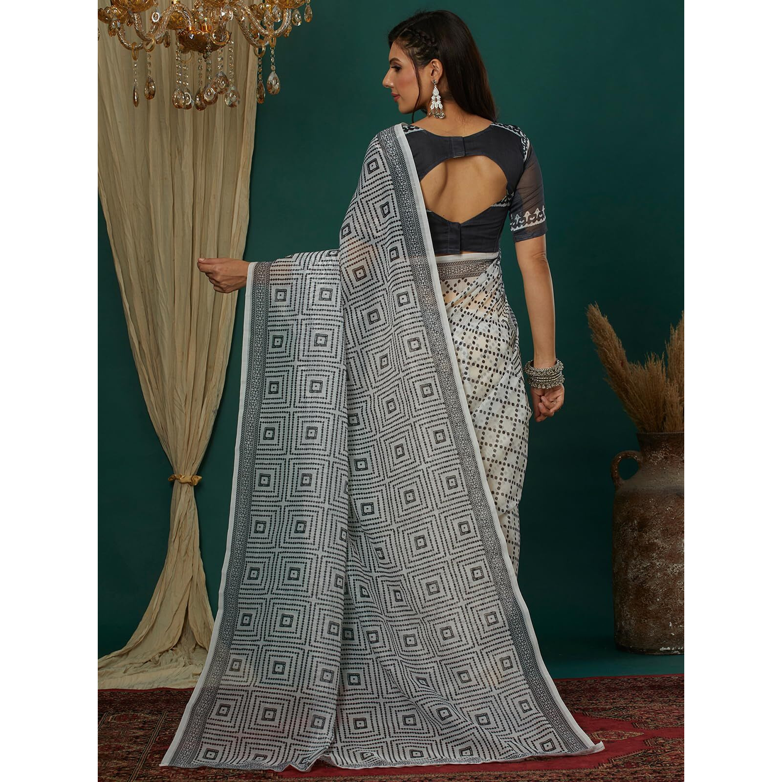 Satrani Women's Cotton Blend Printed Saree With Unstitched Blouse Piece (4112S6503N_White & Dark Dusty Green)