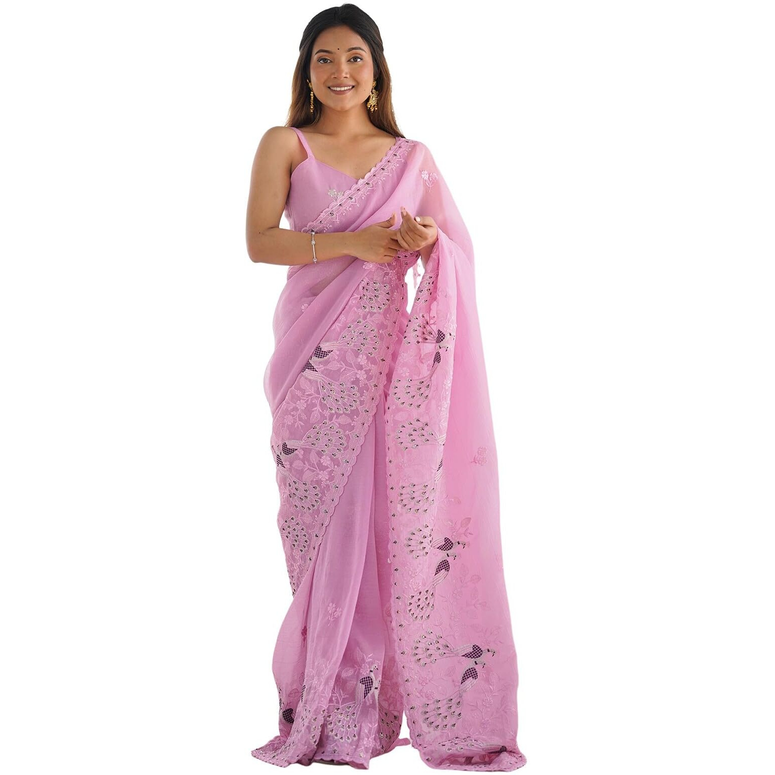 Satrani Women's Silk Blend Embroidery And Sequin Work Saree With Unstitched Blouse Piece (4135S141N_Dull Pink)