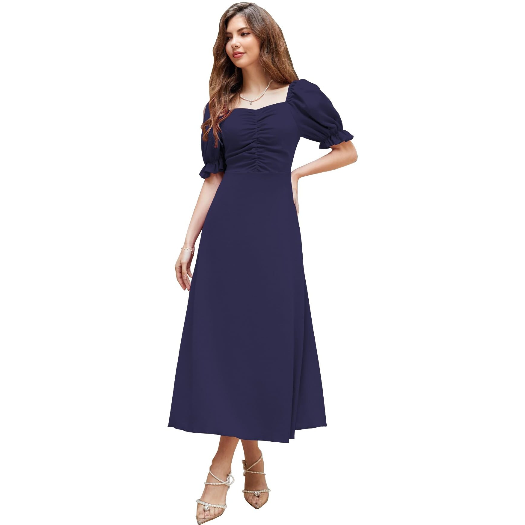 Shasmi Girl's & Women's Solid Navy Blue A-Line Ruched Puff Sleeve Maxi Long Evening One Piece Long Dress For Women Stylish (Dress 131 N Blue-S)