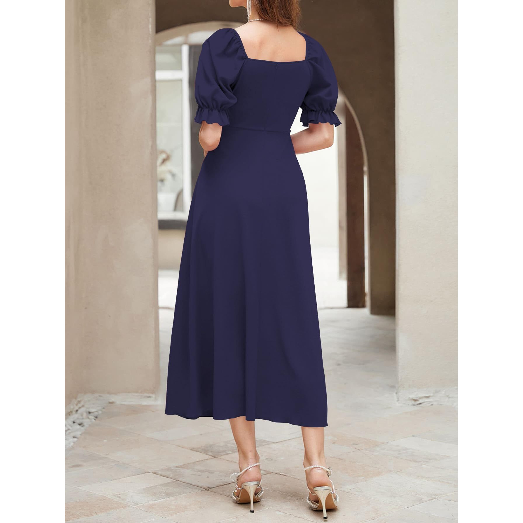 Shasmi Girl's & Women's Solid Navy Blue A-Line Ruched Puff Sleeve Maxi Long Evening One Piece Long Dress For Women Stylish (Dress 131 N Blue-S)