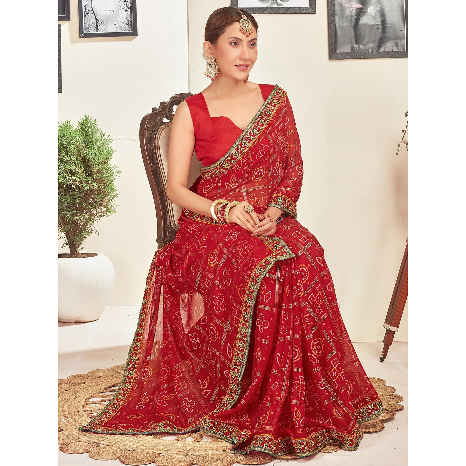 Satrani Women's Georgette Bandhani Printed Foil Work Sequence Embroidery Lace Saree With Unstitched Blouse Piece (3842S2729N_Dark Red2)