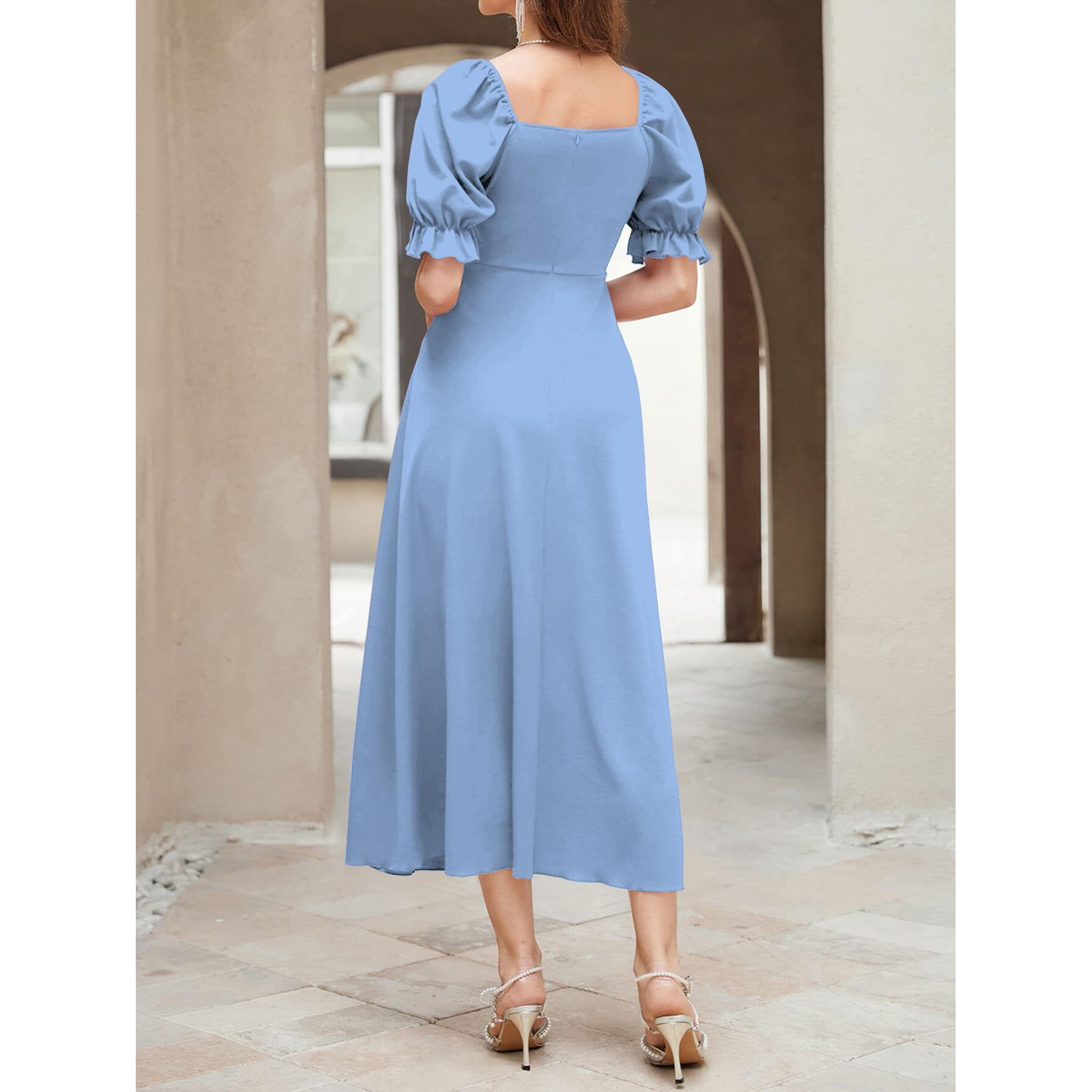 Shasmi Girl's & Women's Solid Light Blue A-Line Ruched Puff Sleeve Maxi Long Evening One Piece Long Dress For Women Stylish (Dress 131 Light Blue-M)