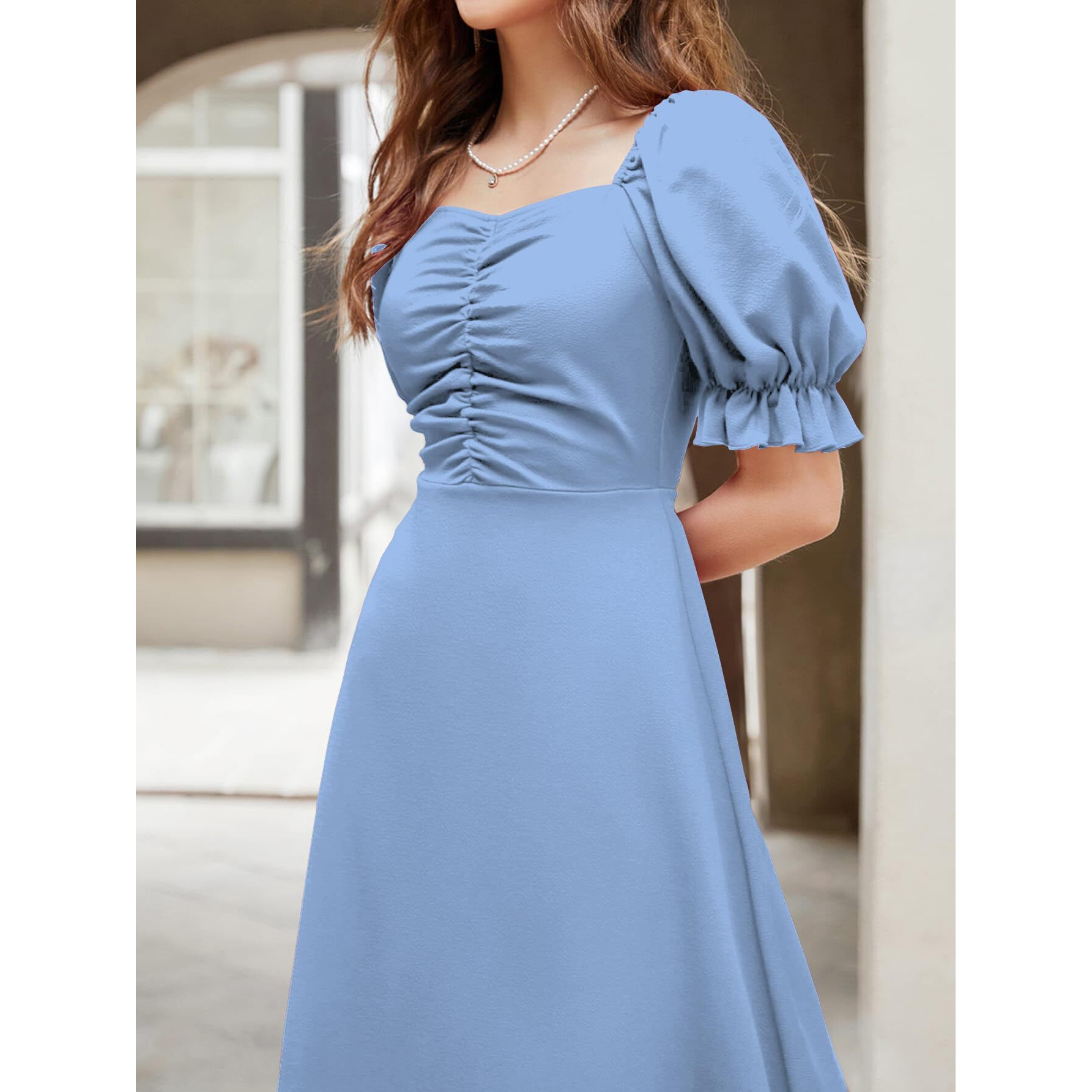 Shasmi Girl's & Women's Solid Light Blue A-Line Ruched Puff Sleeve Maxi Long Evening One Piece Long Dress For Women Stylish (Dress 131 Light Blue-M)