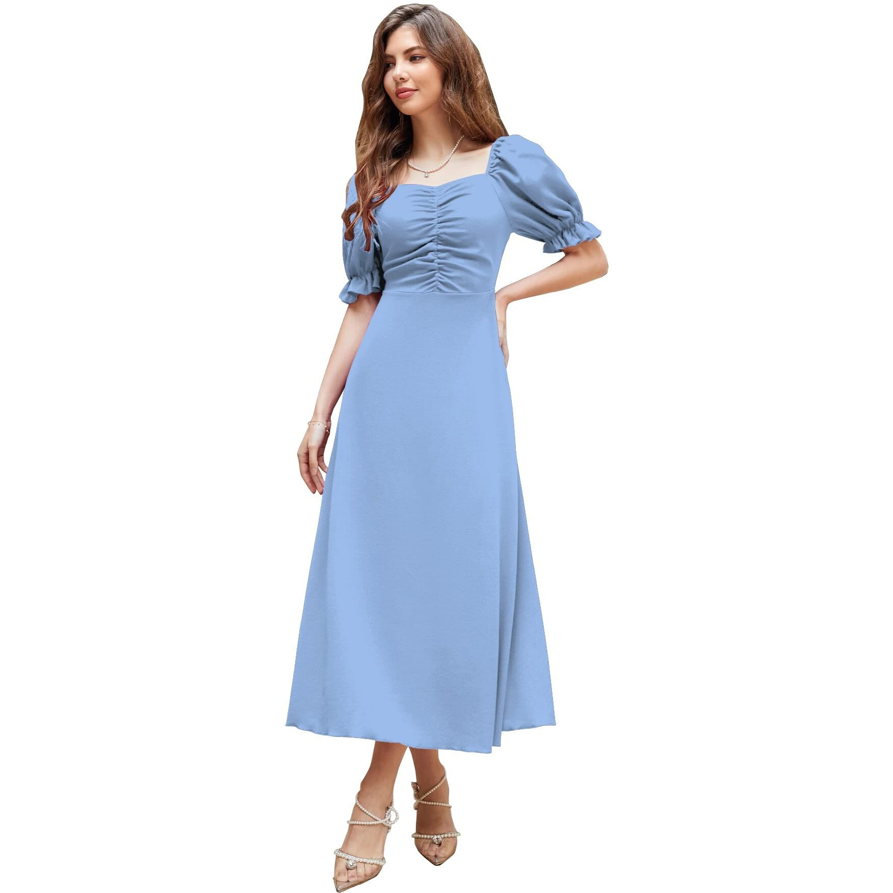 Shasmi Girl's & Women's Solid Light Blue A-Line Ruched Puff Sleeve Maxi Long Evening One Piece Long Dress For Women Stylish (Dress 131 Light Blue-Xl)