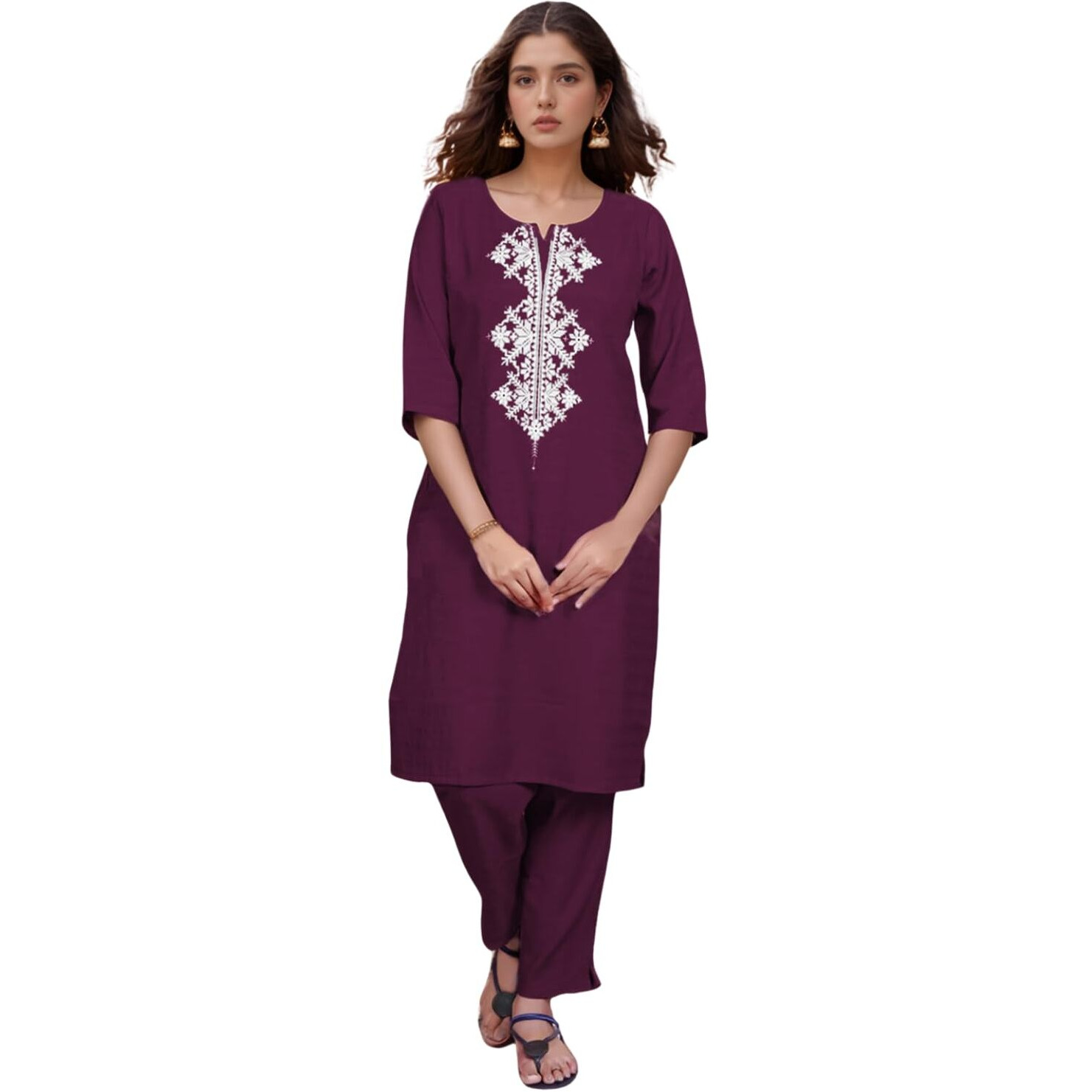 Shienzy Women's Cotton Blend Emroidered Kurta Pant Set | Ethnic Wear For Festive & Casual | Stylish Straight Fit | Elegant Indian Outfit (1662_Prl_Xxl) Purple