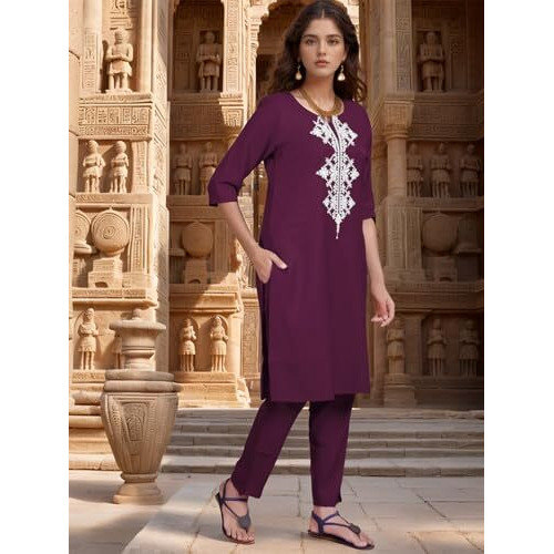 Shienzy Women's Cotton Blend Emroidered Kurta Pant Set | Ethnic Wear For Festive & Casual | Stylish Straight Fit | Elegant Indian Outfit (1662_Prl_Xxl) Purple