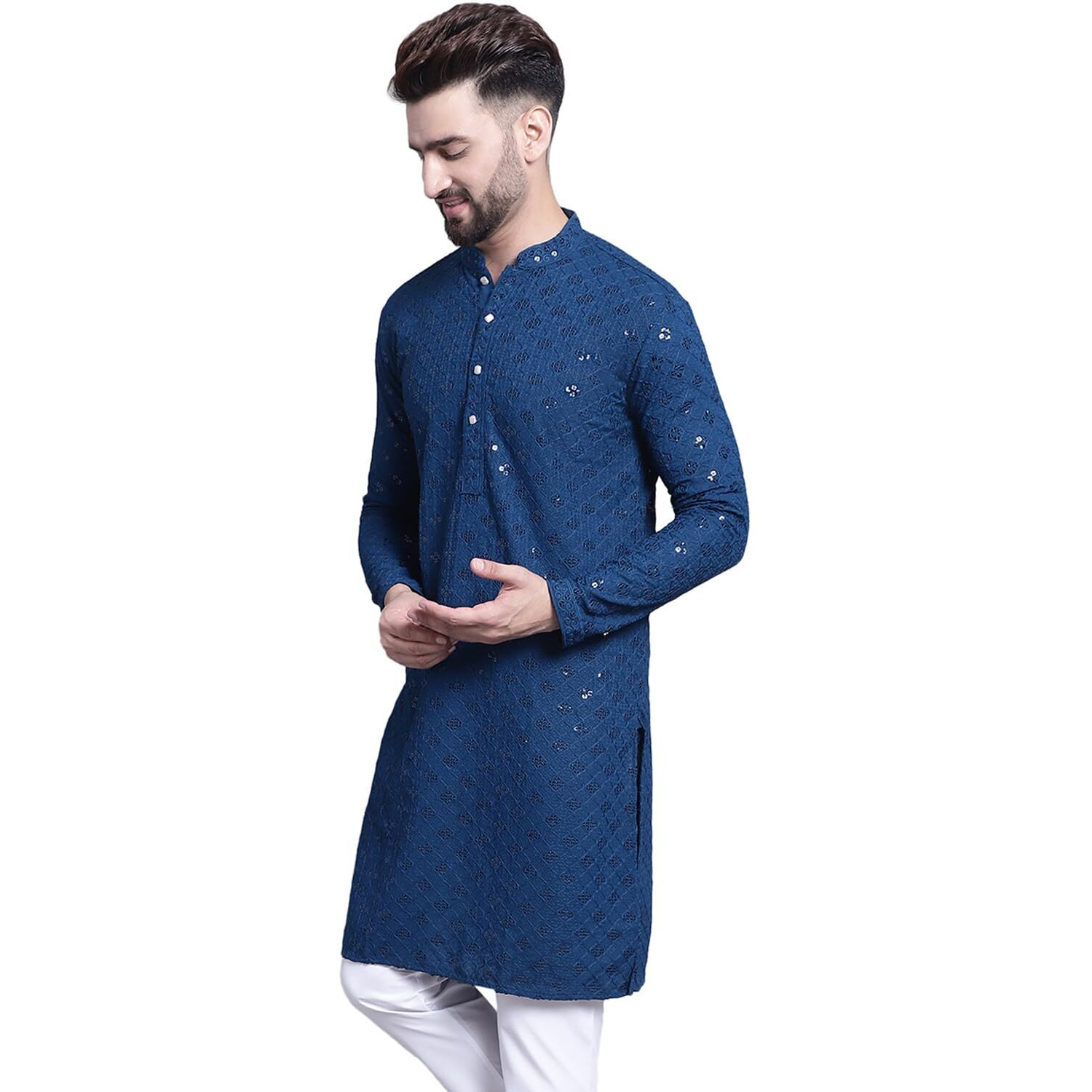 Sojanya (Since 1958 Men's Pure Cotton Teal Blue Embroidered 4Booti Sequence Kurta