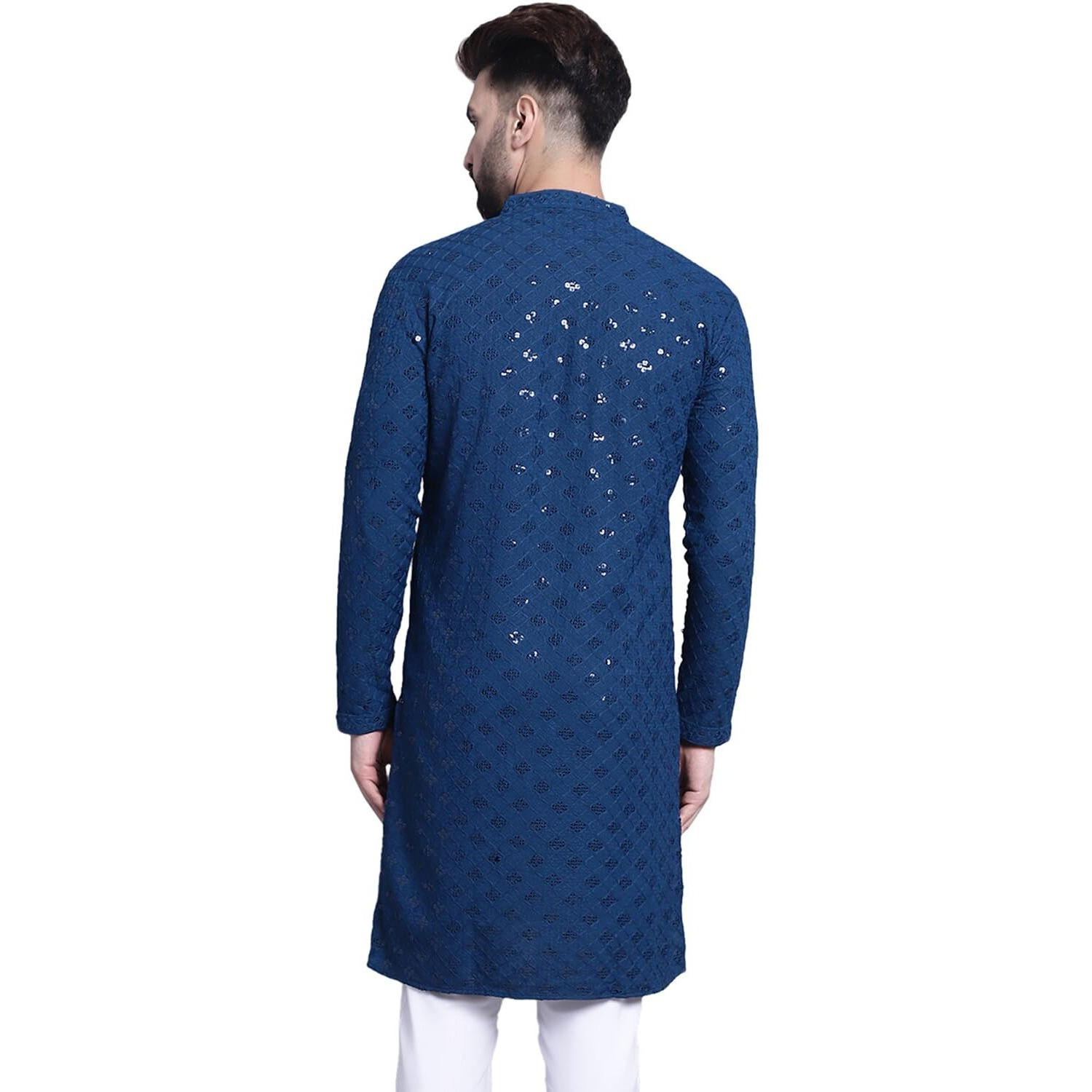 Sojanya (Since 1958 Men's Pure Cotton Teal Blue Embroidered 4Booti Sequence Kurta