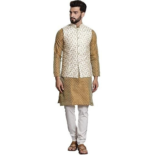 Sojanya (Since 1958 Men's Silk Blend Mustard Kurta & Cream Pyjama With Cream Embroidered Nehrujacket