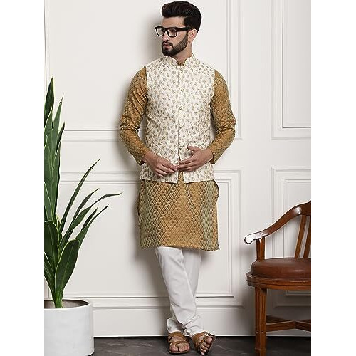 Sojanya (Since 1958 Men's Silk Blend Mustard Kurta & Cream Pyjama With Cream Embroidered Nehrujacket