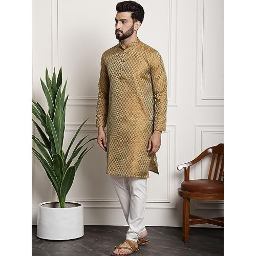Sojanya (Since 1958 Men's Silk Blend Mustard Kurta & Cream Pyjama With Cream Embroidered Nehrujacket