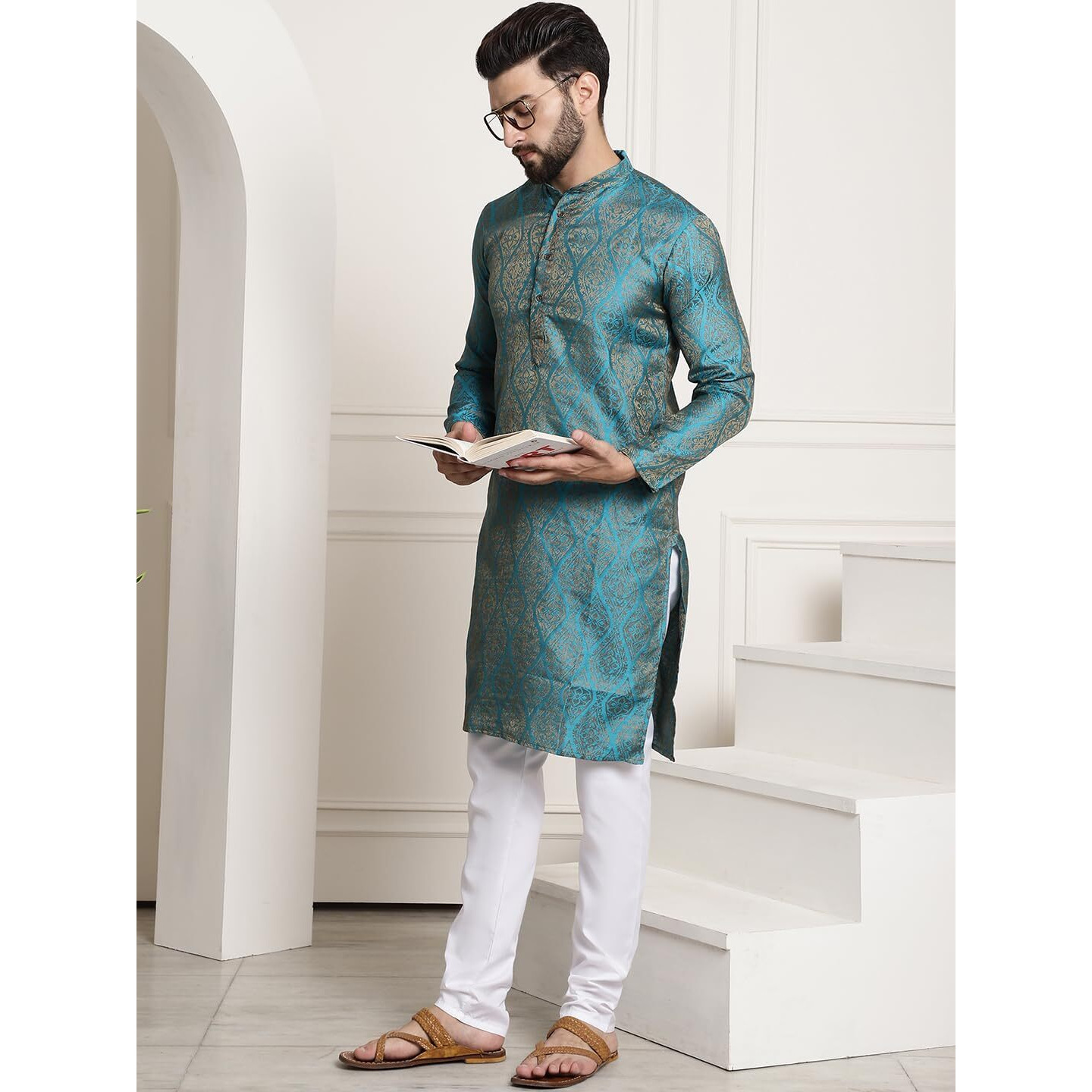 Sojanya (Since 1958 Men's Silk Blend Teal Blue Self Design Kurta And White Churidar Pyjama Set