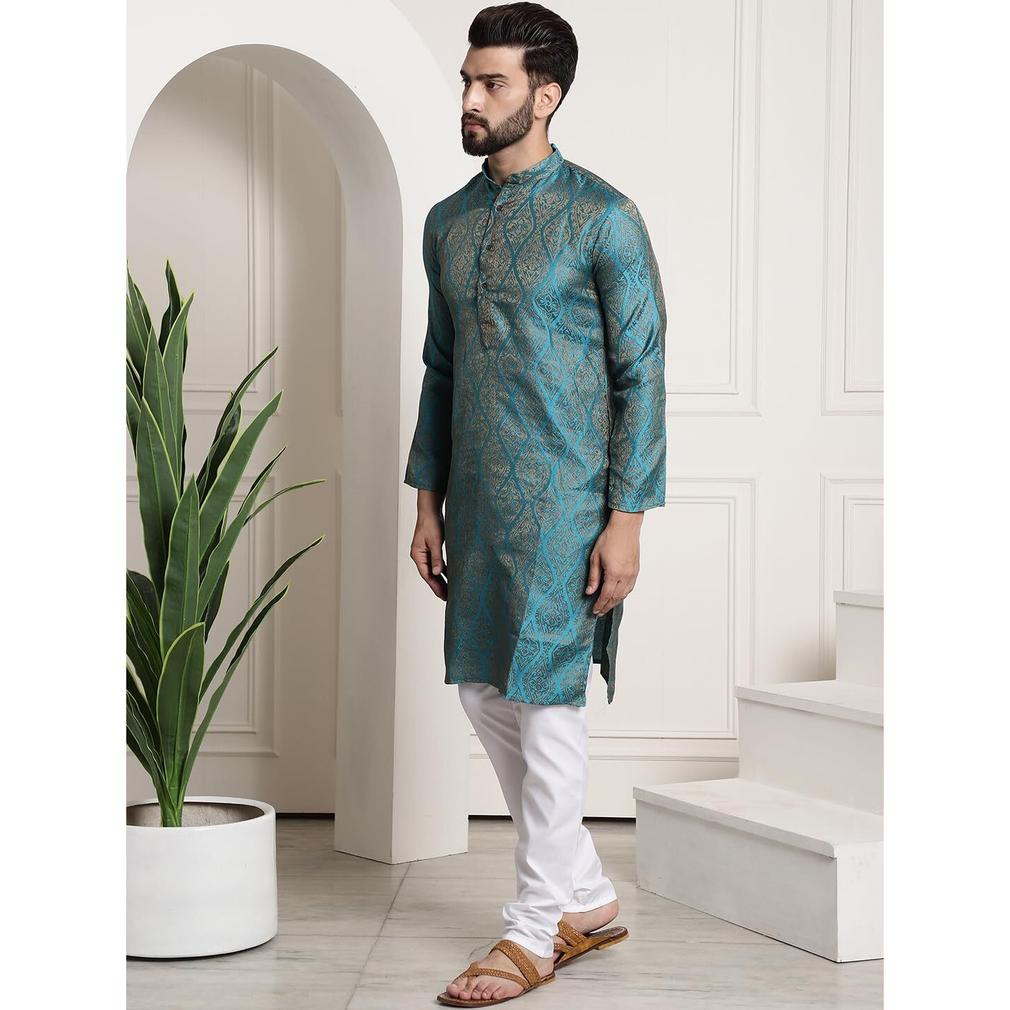 Sojanya (Since 1958 Men's Silk Blend Teal Blue Self Design Kurta And White Churidar Pyjama Set