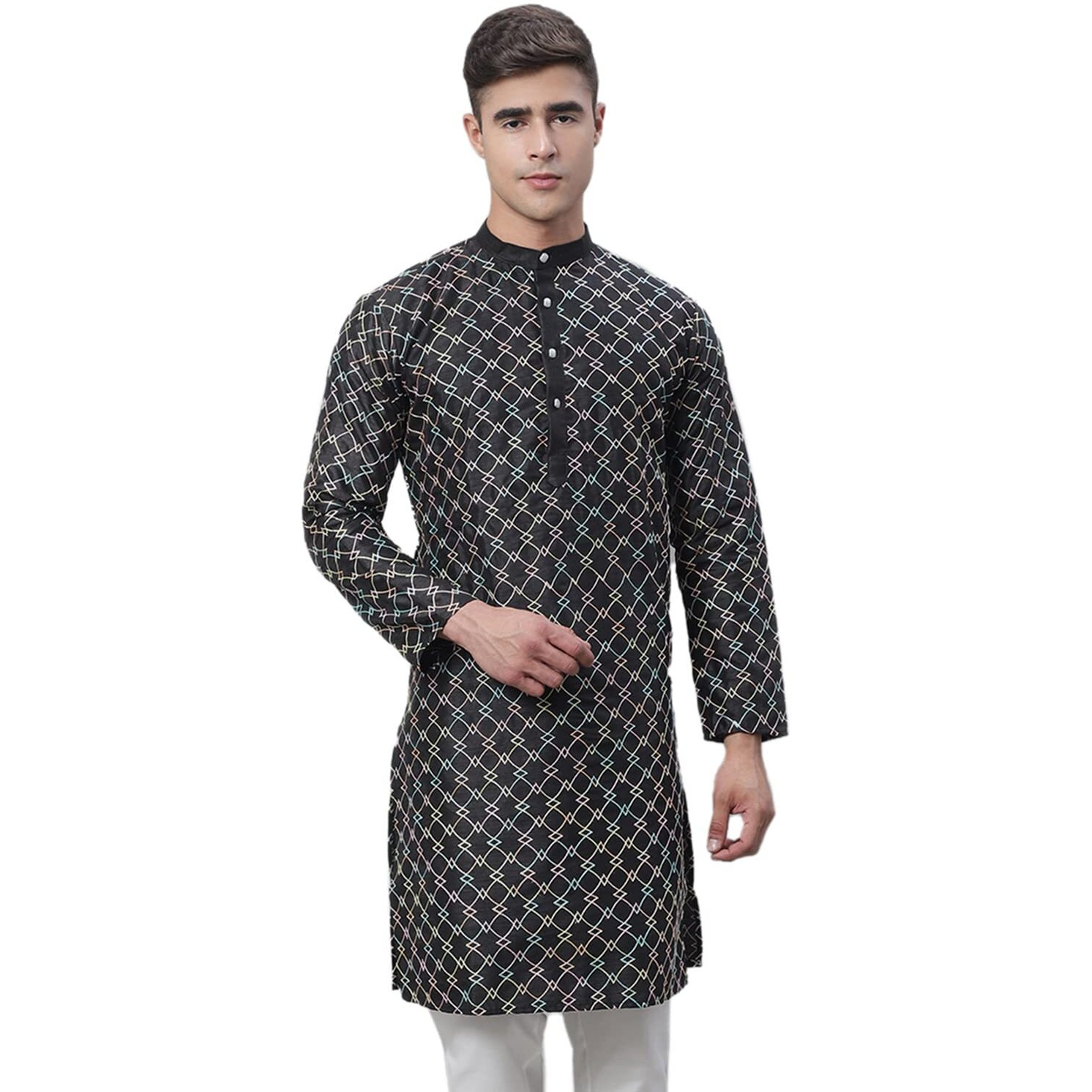 Sojanya (Since 1958 Men's Silk Blend Black Kurta With Multi Color Embroidery