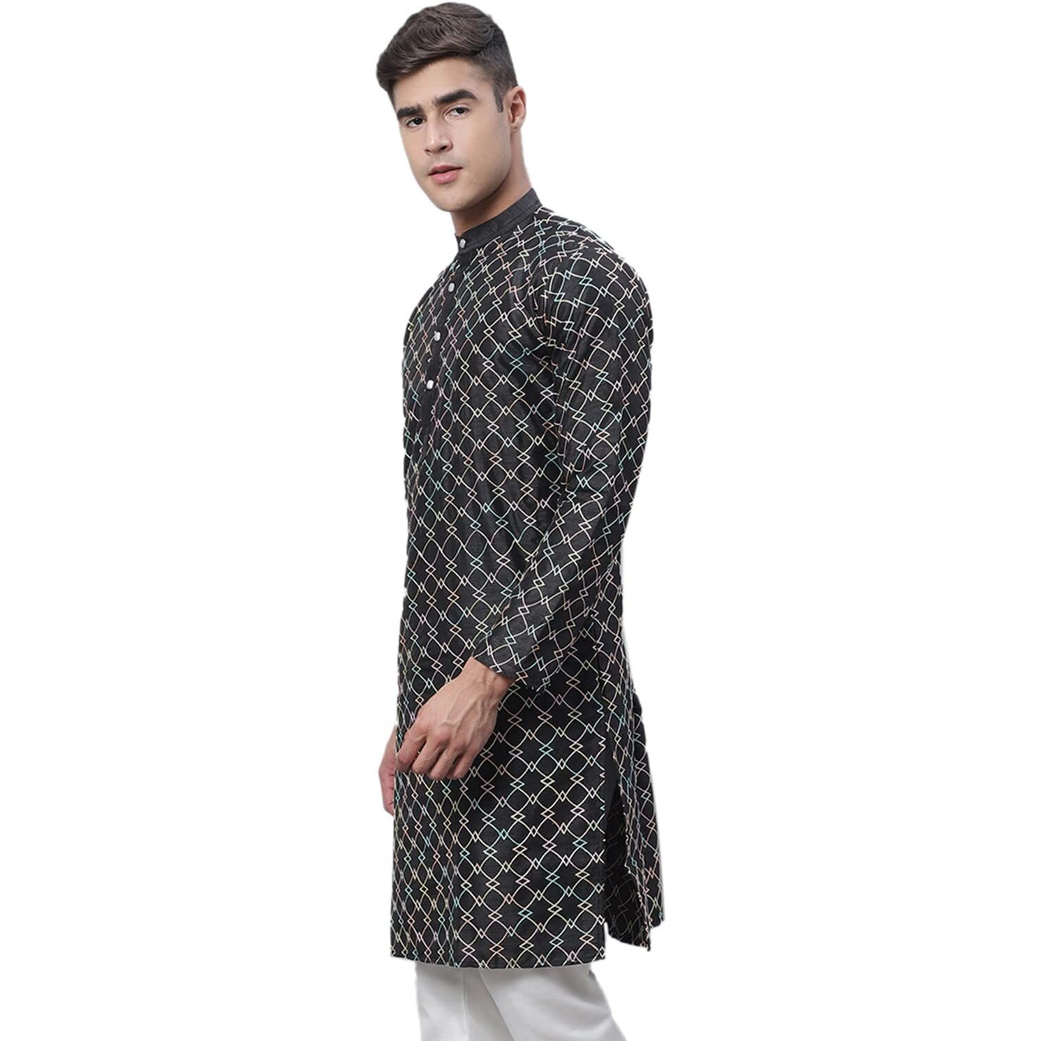 Sojanya (Since 1958 Men's Silk Blend Black Kurta With Multi Color Embroidery