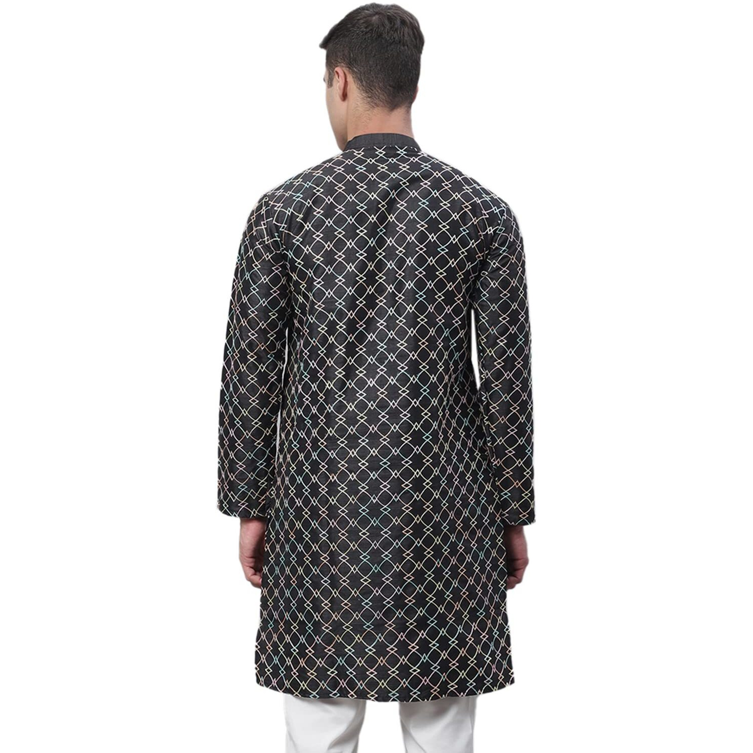 Sojanya (Since 1958 Men's Silk Blend Black Kurta With Multi Color Embroidery