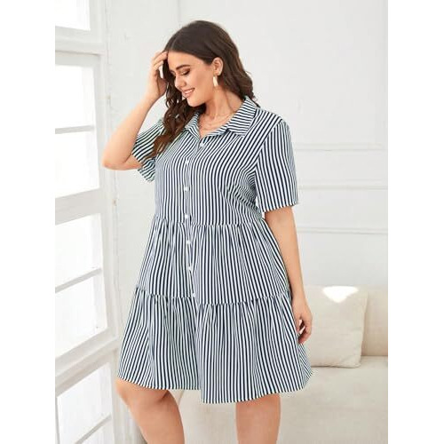 Tadkee Women's Cotton Blend Classic Standard Length Dress Shirt (Fn-Striped-Plus-Dress-134-Navy-L_Navy_L)