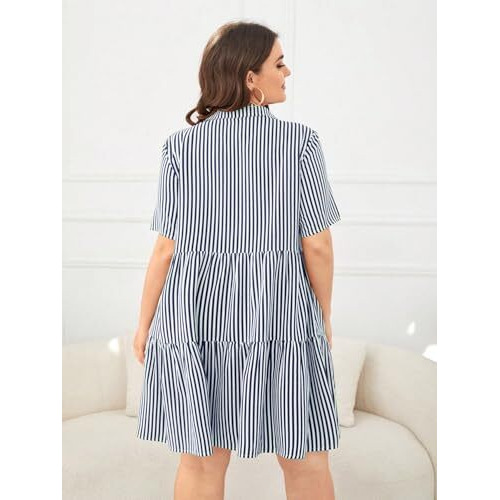 Tadkee Women's Cotton Blend Classic Standard Length Dress Shirt (Fn-Striped-Plus-Dress-134-Navy-L_Navy_L)