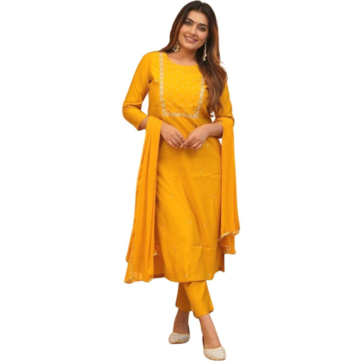 Shiv Textiles Women's Chanderi Silk Embroidered Kurta Pant Dupatta Set(Jda-Pragati-Mustard-L)