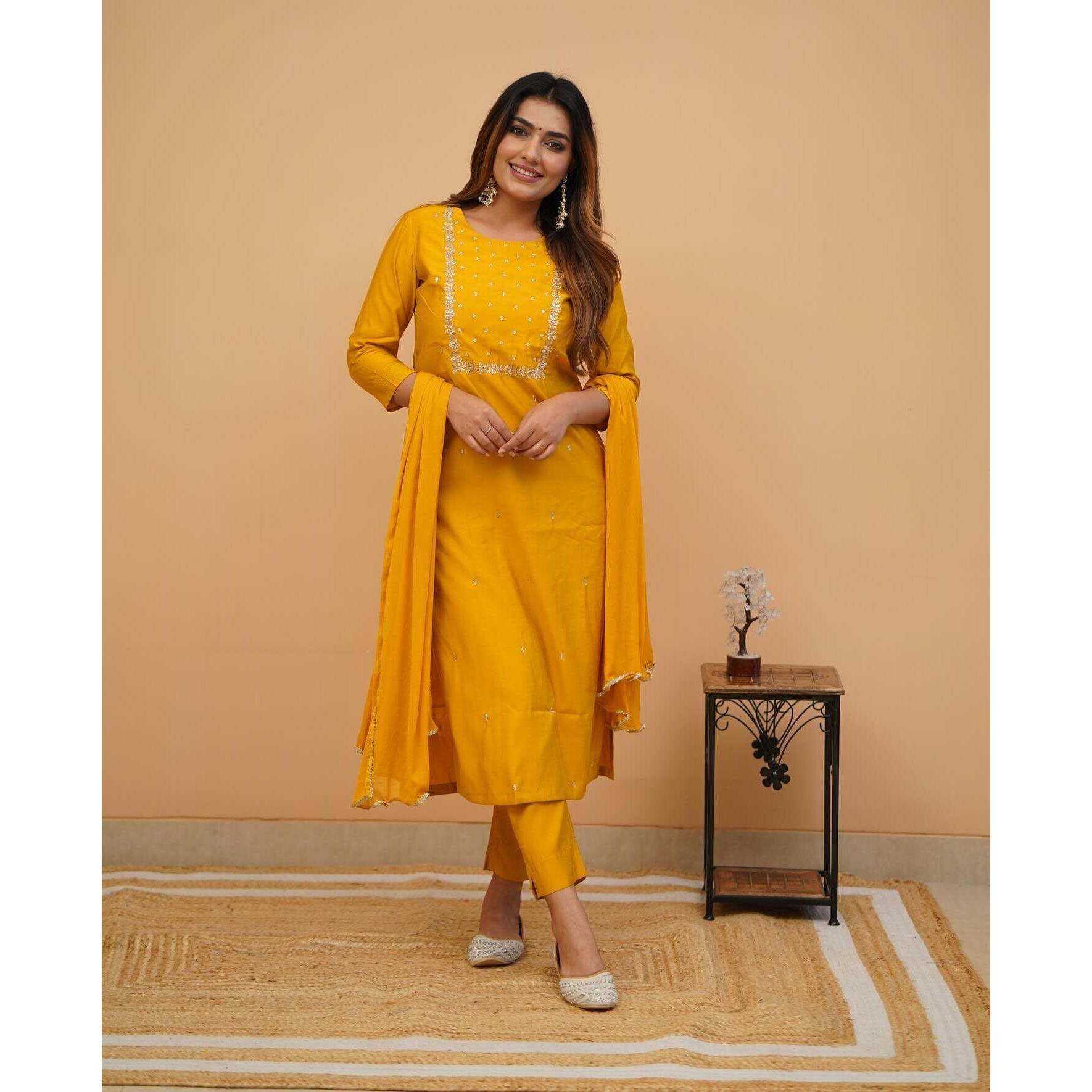 Shiv Textiles Women's Chanderi Silk Embroidered Kurta Pant Dupatta Set(Jda-Pragati-Mustard-L)