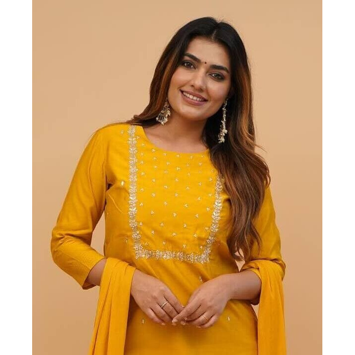 Shiv Textiles Women's Chanderi Silk Embroidered Kurta Pant Dupatta Set(Jda-Pragati-Mustard-L)