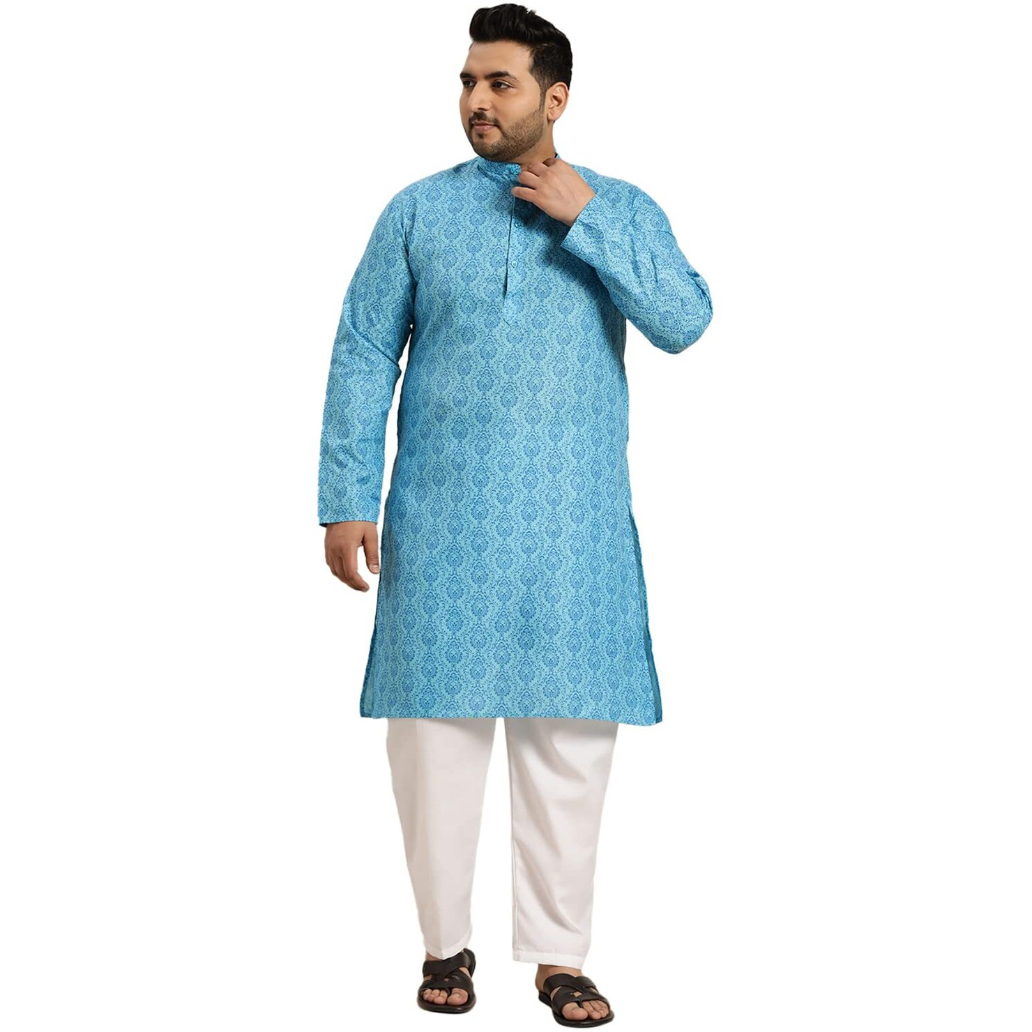 Sojanya Plus (Since 1958) Men's Cotton Blend Blue Printed Kurta And White Pyjama Set
