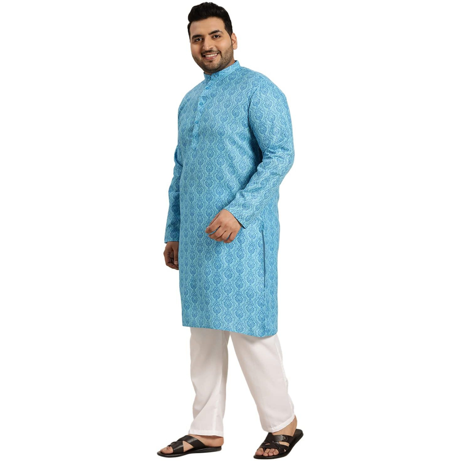 Sojanya Plus (Since 1958) Men's Cotton Blend Blue Printed Kurta And White Pyjama Set