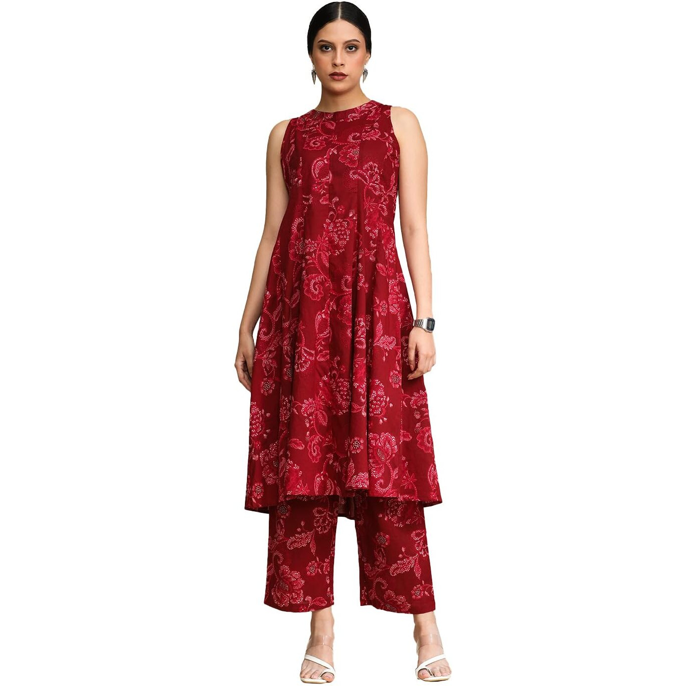 Varanga Floral Printed Halter Neck Anarkali Kurta With Trouser