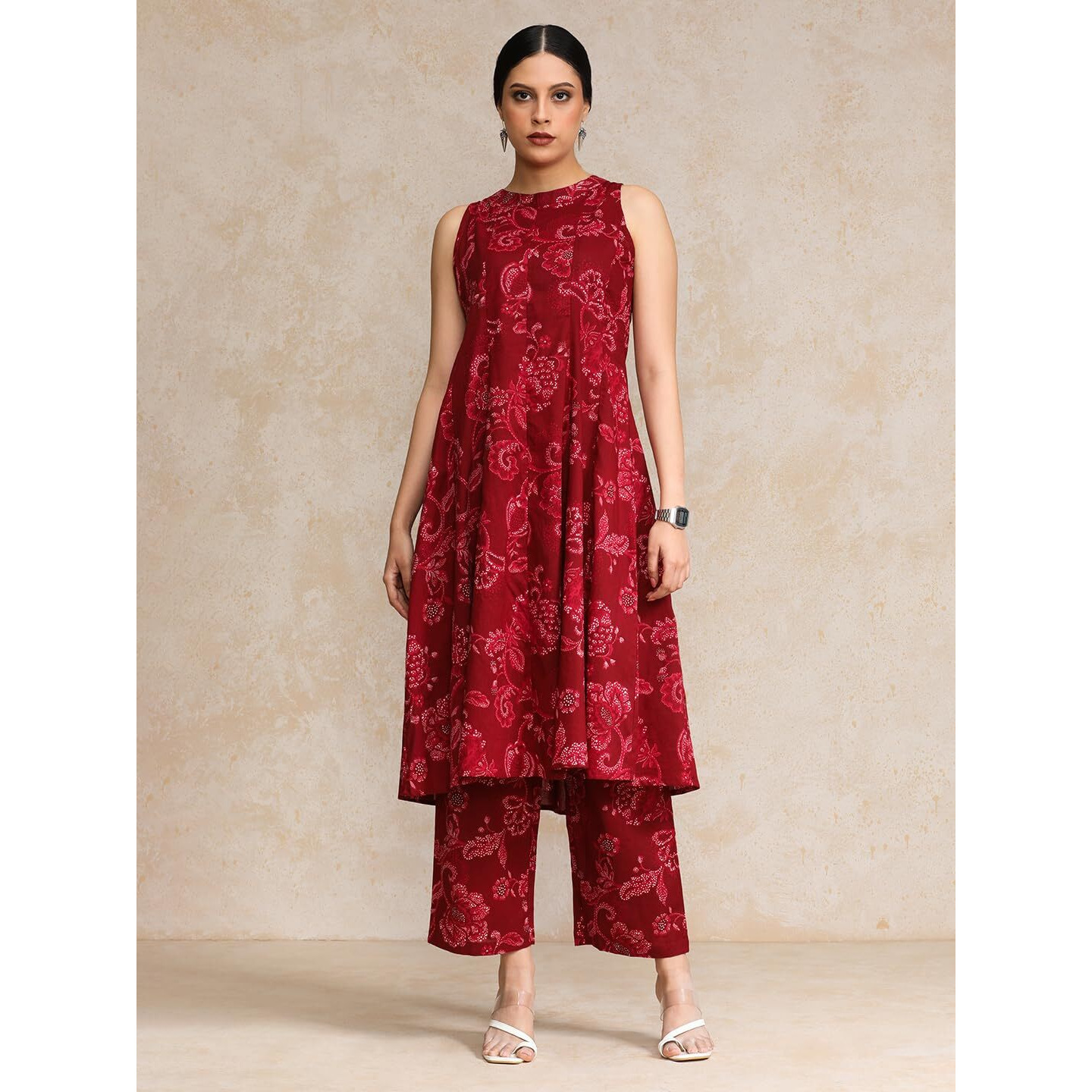 Varanga Floral Printed Halter Neck Anarkali Kurta With Trouser