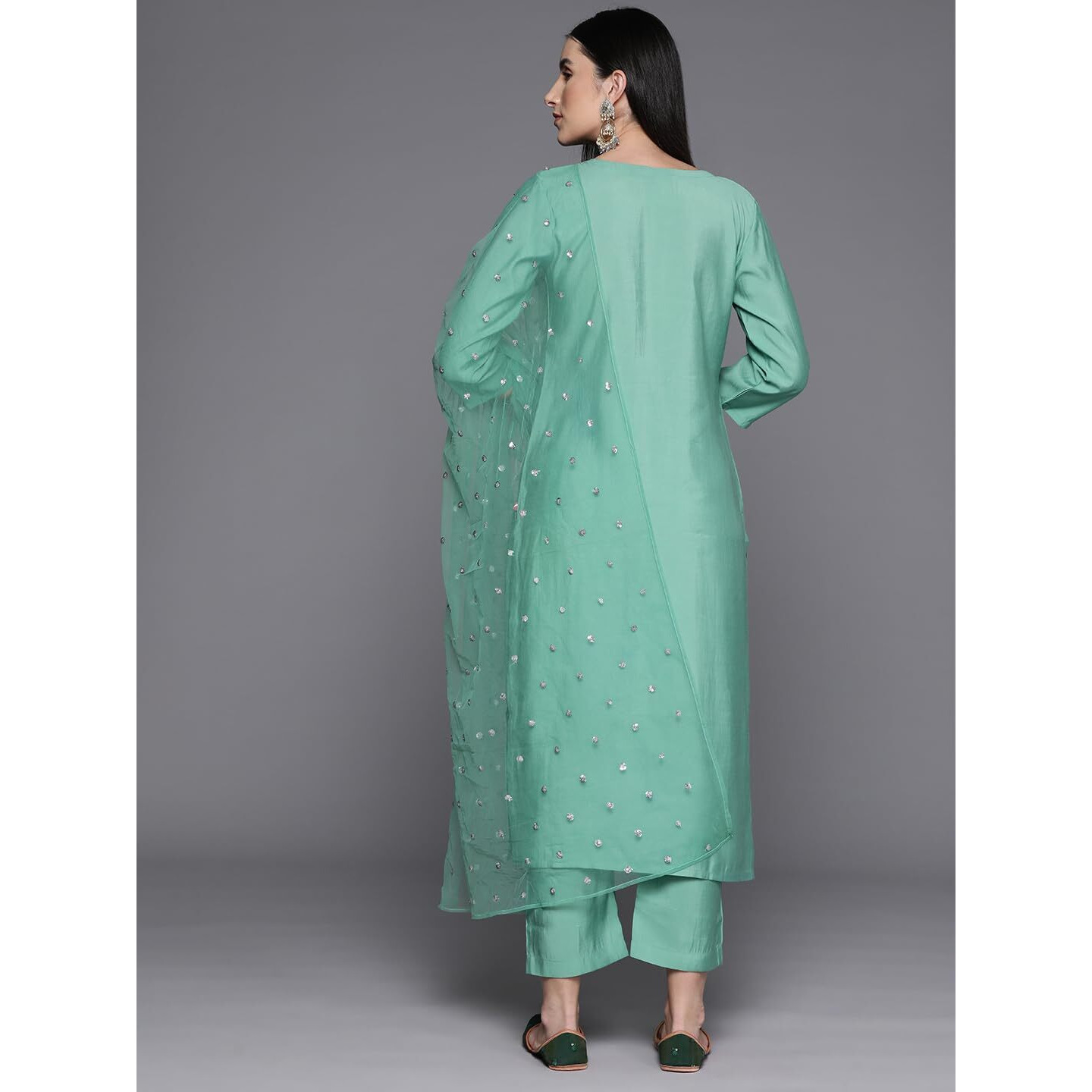 Varanga Women Sea Green Embroidered Straight Kurta Paired With Tonal Bottom And Net Dupatta