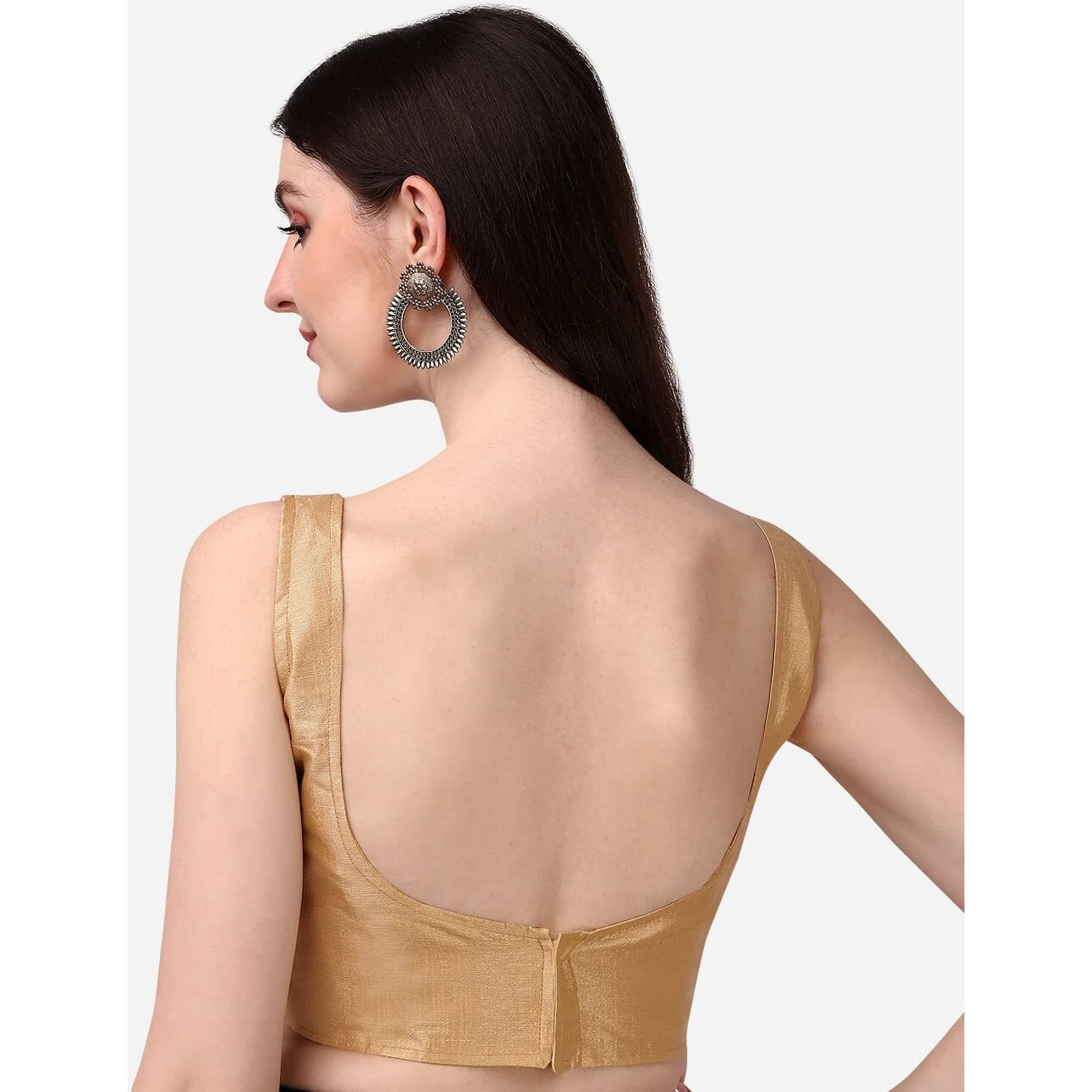 Vihu Fashion Women's Deep Neck Silk Sleeveless Readymade Blouse (Gold, 42)