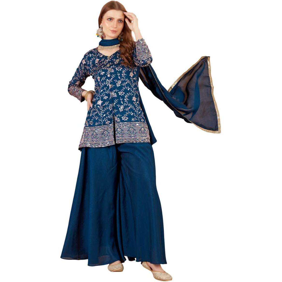 Xomantic Fashion Womens Beautiful Silk Short Kurta Palazzo In Blue With Embroidery And Sequins Work With Show Buttons (In, Alpha, S, Regular, Kerocene)