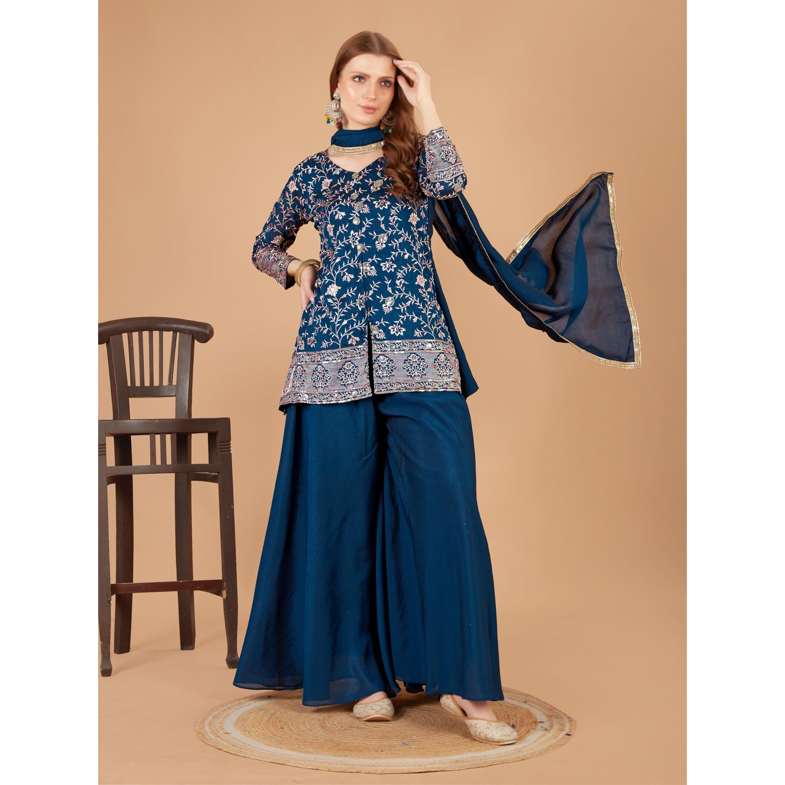 Xomantic Fashion Womens Beautiful Silk Short Kurta Palazzo In Blue With Embroidery And Sequins Work With Show Buttons (In, Alpha, S, Regular, Kerocene)