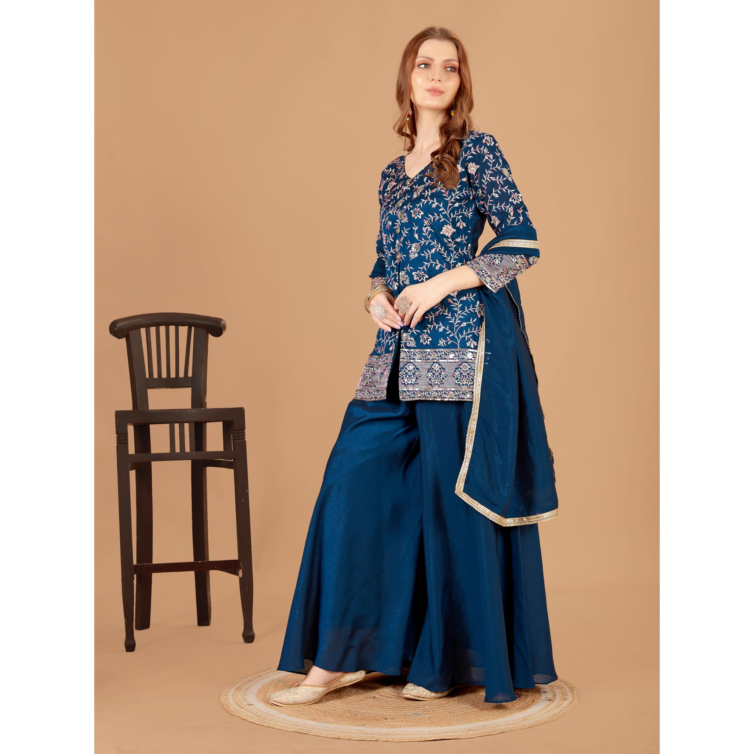 Xomantic Fashion Womens Beautiful Silk Short Kurta Palazzo In Blue With Embroidery And Sequins Work With Show Buttons (In, Alpha, S, Regular, Kerocene)