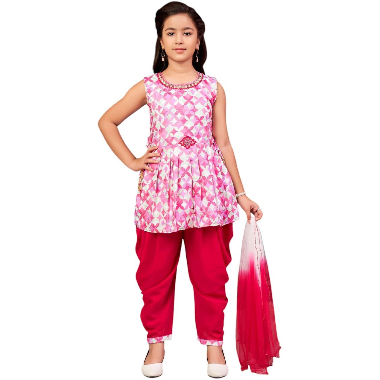 Aarika Girls Ethnic Wear Rani Colour Floral Print Beads Embroidery Cotton Blend Dhoti Kurta Set With Dupatta-4-9 Years (Dh-Shm-5017)