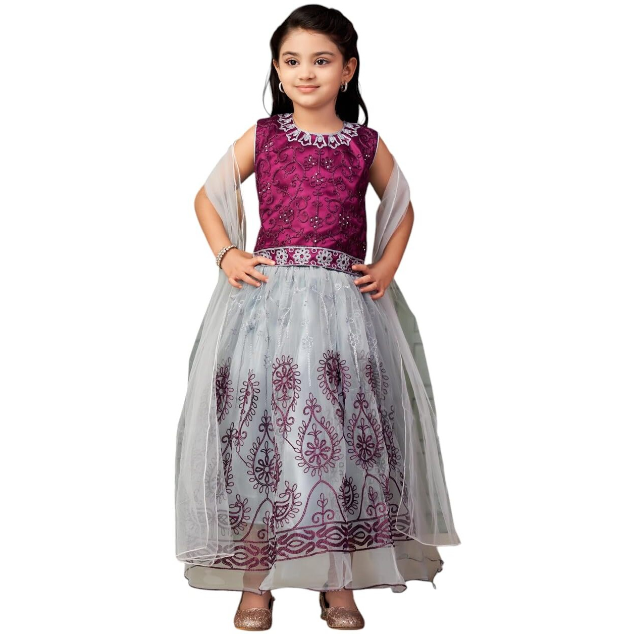Aarika Girls Ethnic Wear Purple-Grey Colour Thread Embroidery Net Lehenga Choli Set With Dupatta-3-9 Years (Lch-Shm-1527)